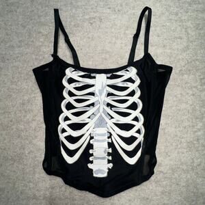 Womens Black Skeleton XS Print Corset Top Mesh Boned Adjustable Straps‎